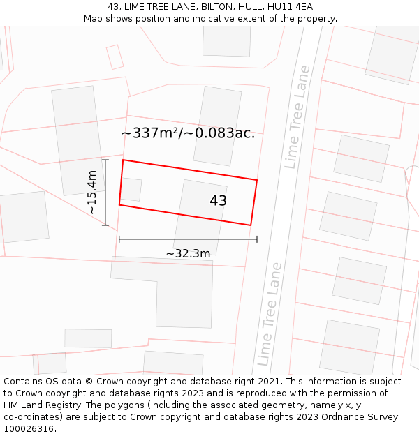 43, LIME TREE LANE, BILTON, HULL, HU11 4EA: Plot and title map