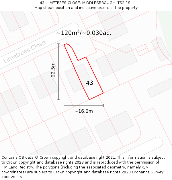 43, LIMETREES CLOSE, MIDDLESBROUGH, TS2 1SL: Plot and title map