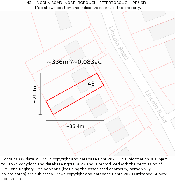 43, LINCOLN ROAD, NORTHBOROUGH, PETERBOROUGH, PE6 9BH: Plot and title map