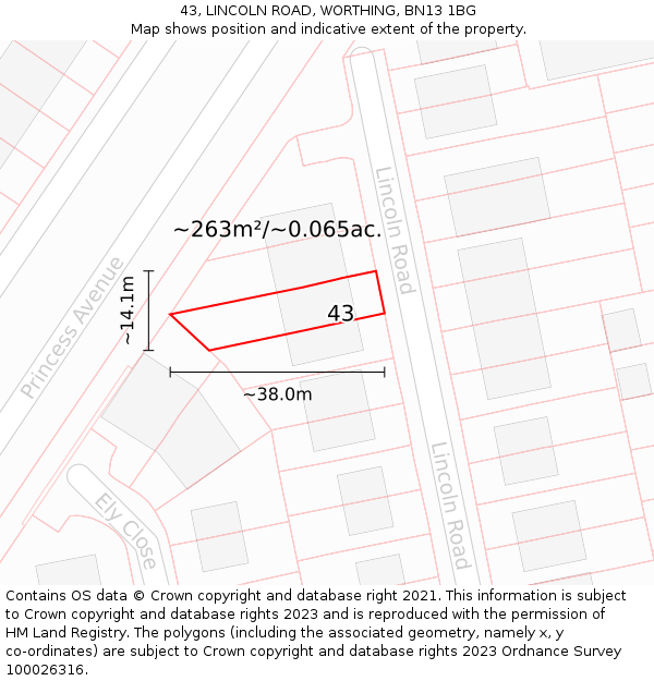 43, LINCOLN ROAD, WORTHING, BN13 1BG: Plot and title map