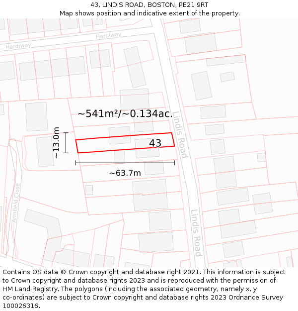 43, LINDIS ROAD, BOSTON, PE21 9RT: Plot and title map