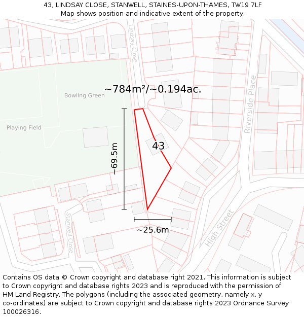 43, LINDSAY CLOSE, STANWELL, STAINES-UPON-THAMES, TW19 7LF: Plot and title map