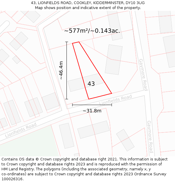 43, LIONFIELDS ROAD, COOKLEY, KIDDERMINSTER, DY10 3UG: Plot and title map