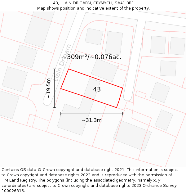 43, LLAIN DRIGARN, CRYMYCH, SA41 3RF: Plot and title map