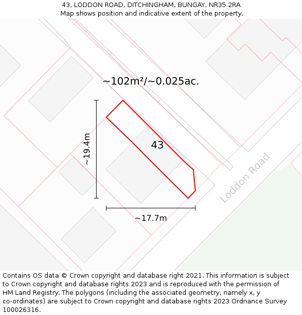 43, LODDON ROAD, DITCHINGHAM, BUNGAY, NR35 2RA: Plot and title map