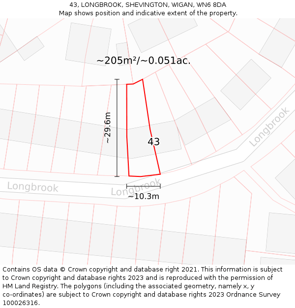 43, LONGBROOK, SHEVINGTON, WIGAN, WN6 8DA: Plot and title map