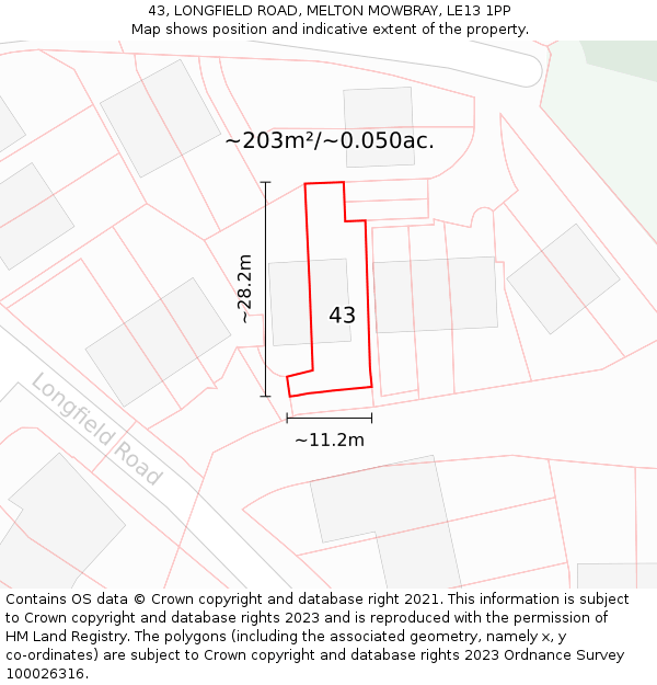 43, LONGFIELD ROAD, MELTON MOWBRAY, LE13 1PP: Plot and title map