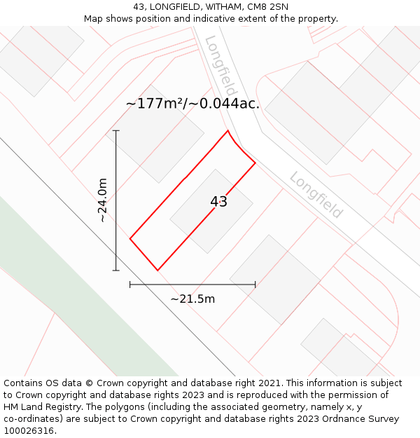 43, LONGFIELD, WITHAM, CM8 2SN: Plot and title map