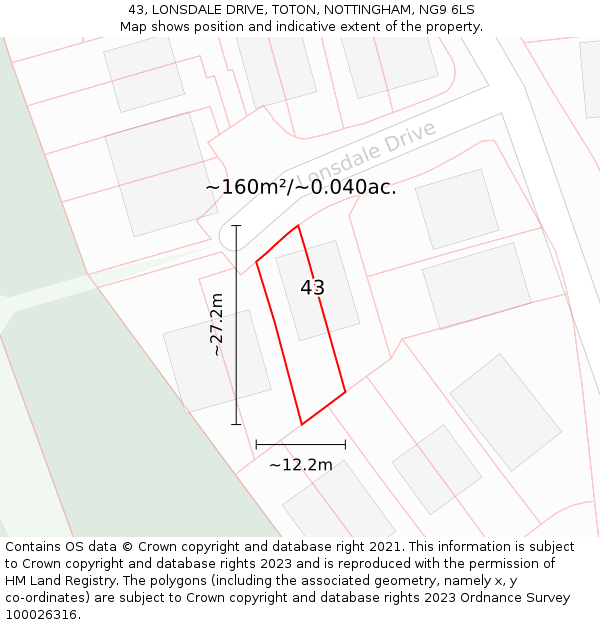 43, LONSDALE DRIVE, TOTON, NOTTINGHAM, NG9 6LS: Plot and title map