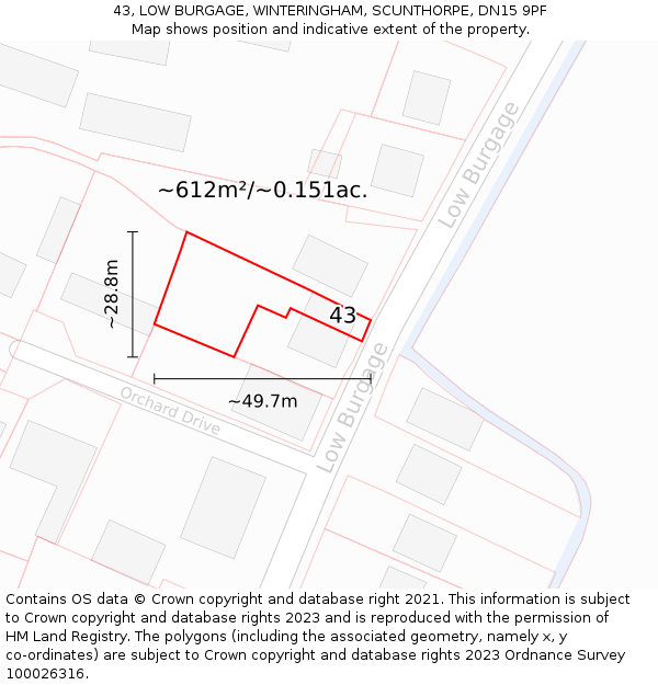 43, LOW BURGAGE, WINTERINGHAM, SCUNTHORPE, DN15 9PF: Plot and title map