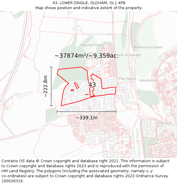 43, LOWER DINGLE, OLDHAM, OL1 4PB: Plot and title map