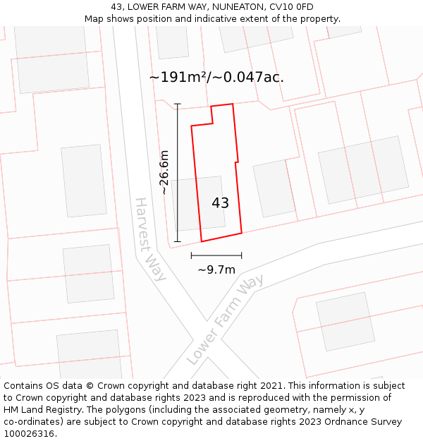 43, LOWER FARM WAY, NUNEATON, CV10 0FD: Plot and title map