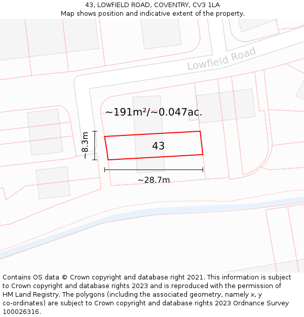 43, LOWFIELD ROAD, COVENTRY, CV3 1LA: Plot and title map
