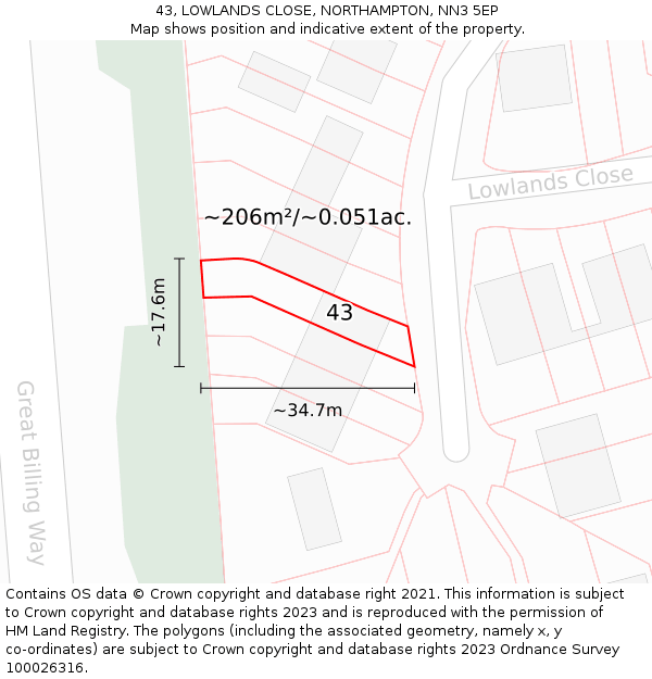 43, LOWLANDS CLOSE, NORTHAMPTON, NN3 5EP: Plot and title map