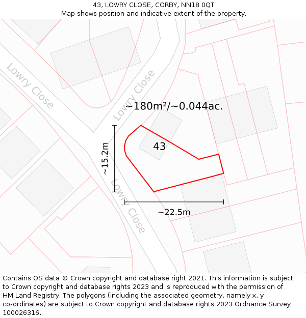 43, LOWRY CLOSE, CORBY, NN18 0QT: Plot and title map