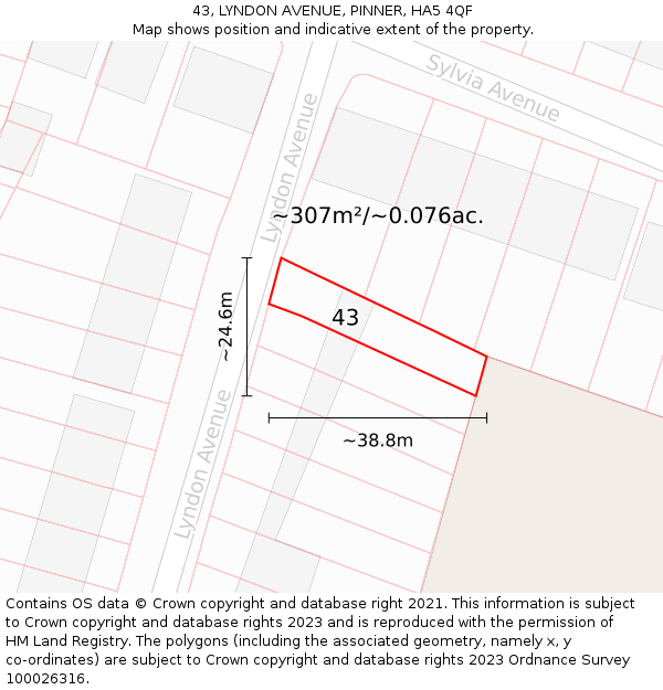 43, LYNDON AVENUE, PINNER, HA5 4QF: Plot and title map