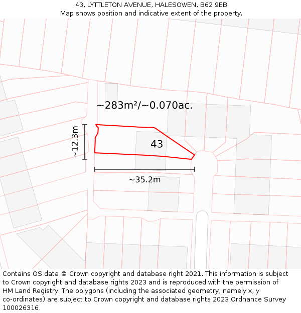 43, LYTTLETON AVENUE, HALESOWEN, B62 9EB: Plot and title map