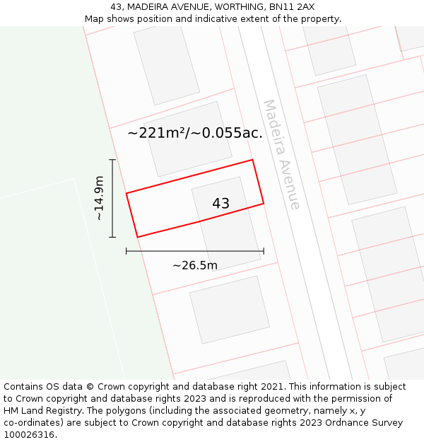 43, MADEIRA AVENUE, WORTHING, BN11 2AX: Plot and title map