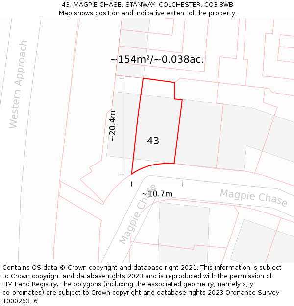 43, MAGPIE CHASE, STANWAY, COLCHESTER, CO3 8WB: Plot and title map
