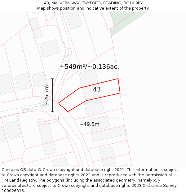 43, MALVERN WAY, TWYFORD, READING, RG10 9PY: Plot and title map