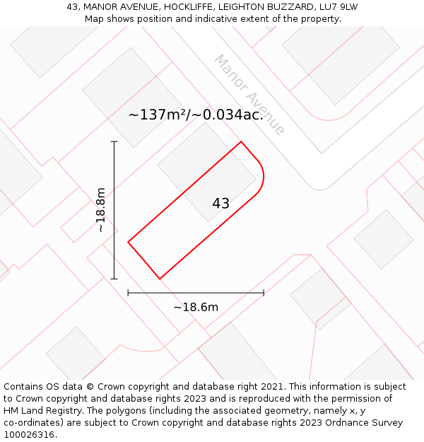 43, MANOR AVENUE, HOCKLIFFE, LEIGHTON BUZZARD, LU7 9LW: Plot and title map