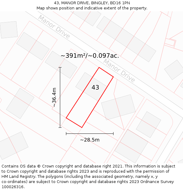 43, MANOR DRIVE, BINGLEY, BD16 1PN: Plot and title map