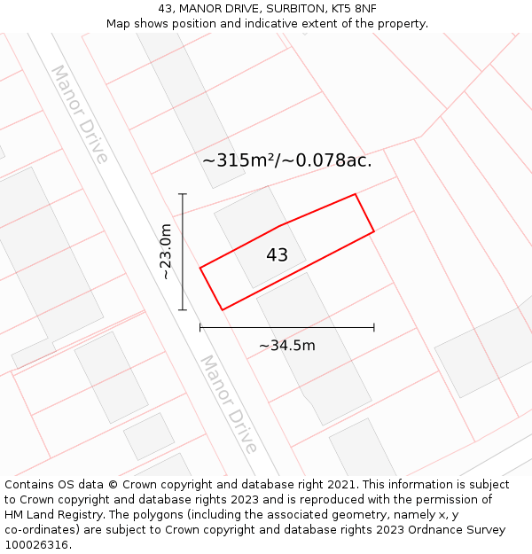 43, MANOR DRIVE, SURBITON, KT5 8NF: Plot and title map