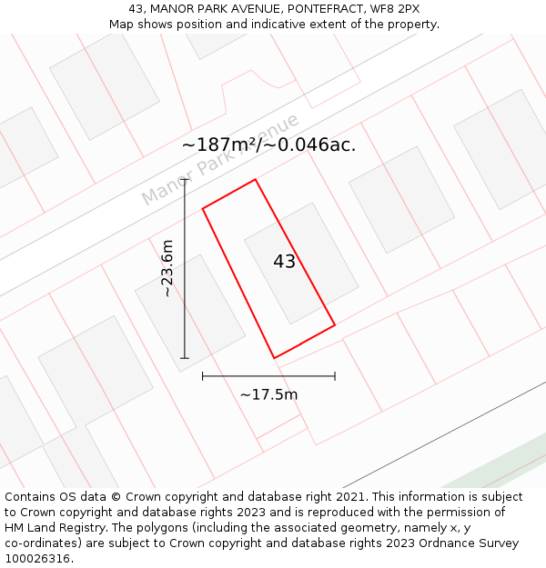 43, MANOR PARK AVENUE, PONTEFRACT, WF8 2PX: Plot and title map