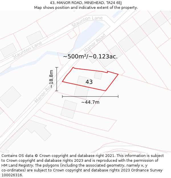 43, MANOR ROAD, MINEHEAD, TA24 6EJ: Plot and title map