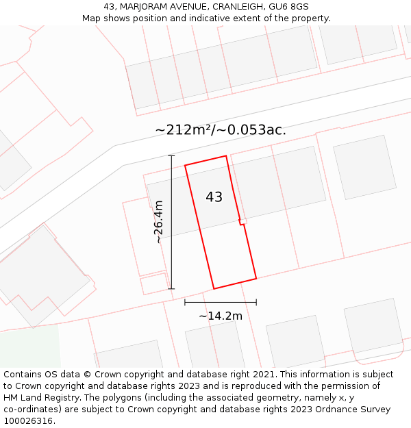 43, MARJORAM AVENUE, CRANLEIGH, GU6 8GS: Plot and title map