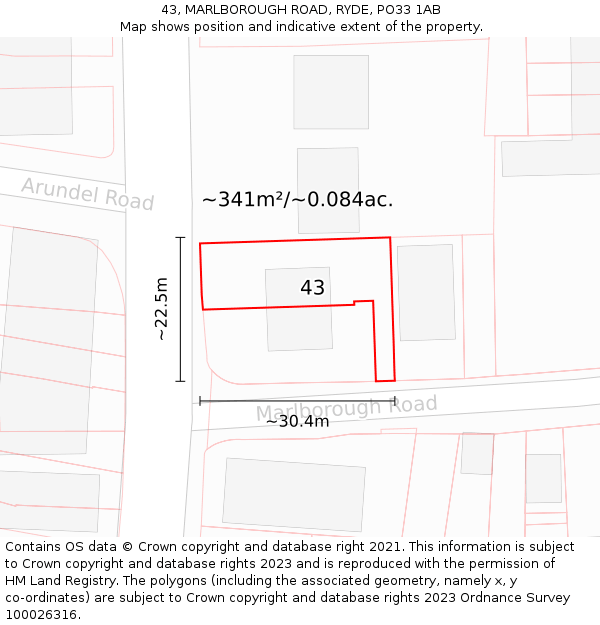 43, MARLBOROUGH ROAD, RYDE, PO33 1AB: Plot and title map