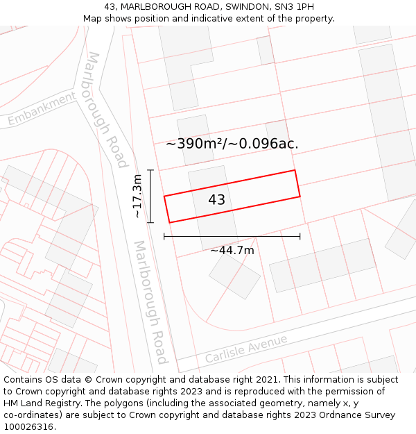43, MARLBOROUGH ROAD, SWINDON, SN3 1PH: Plot and title map