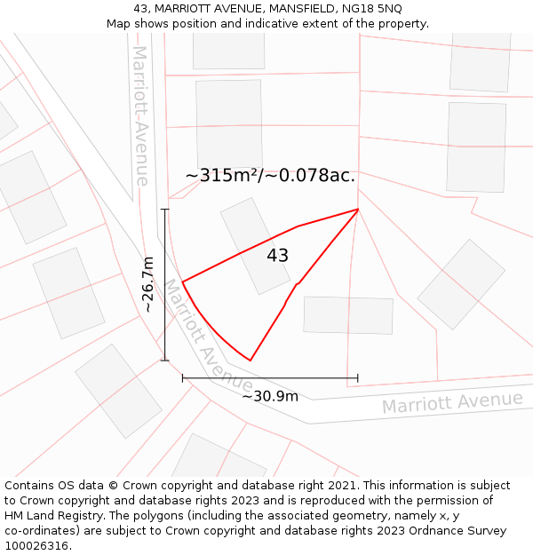 43, MARRIOTT AVENUE, MANSFIELD, NG18 5NQ: Plot and title map