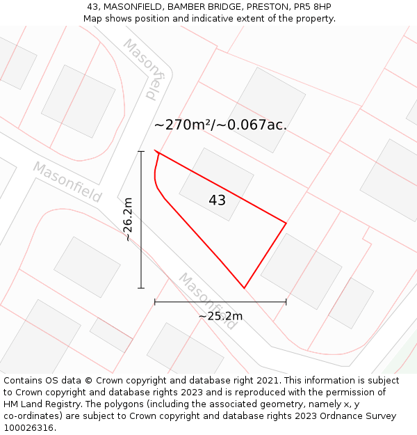 43, MASONFIELD, BAMBER BRIDGE, PRESTON, PR5 8HP: Plot and title map