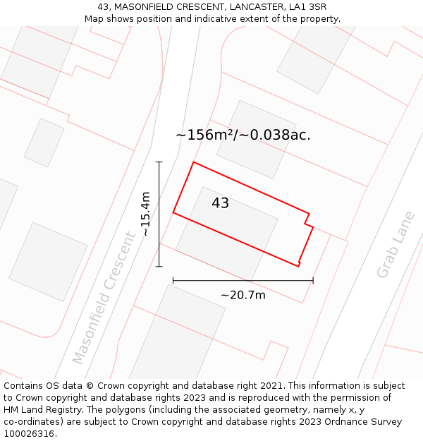 43, MASONFIELD CRESCENT, LANCASTER, LA1 3SR: Plot and title map