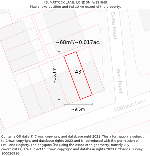 43, MATTOCK LANE, LONDON, W13 9NS: Plot and title map