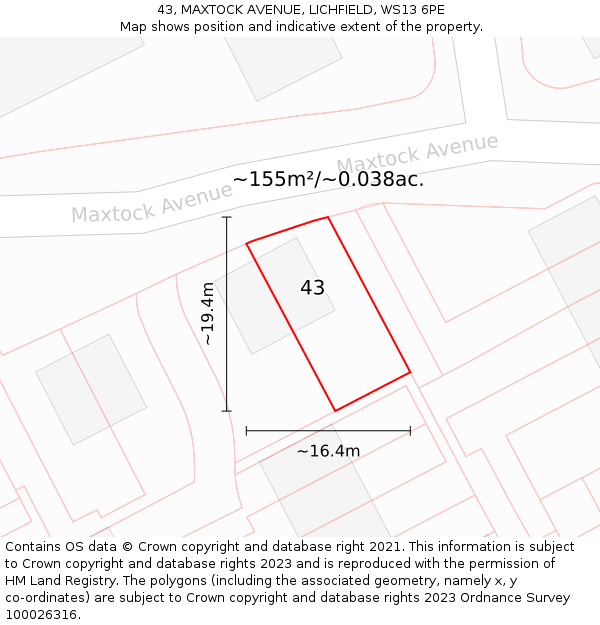43, MAXTOCK AVENUE, LICHFIELD, WS13 6PE: Plot and title map