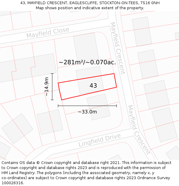 43, MAYFIELD CRESCENT, EAGLESCLIFFE, STOCKTON-ON-TEES, TS16 0NH: Plot and title map