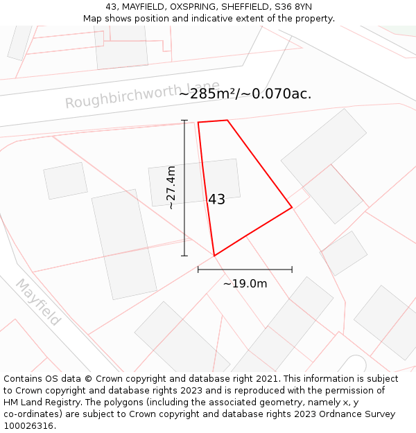 43, MAYFIELD, OXSPRING, SHEFFIELD, S36 8YN: Plot and title map