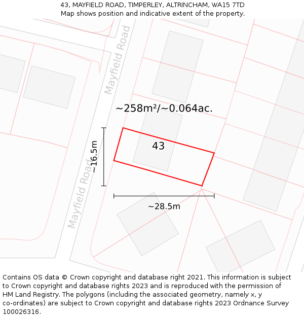 43, MAYFIELD ROAD, TIMPERLEY, ALTRINCHAM, WA15 7TD: Plot and title map