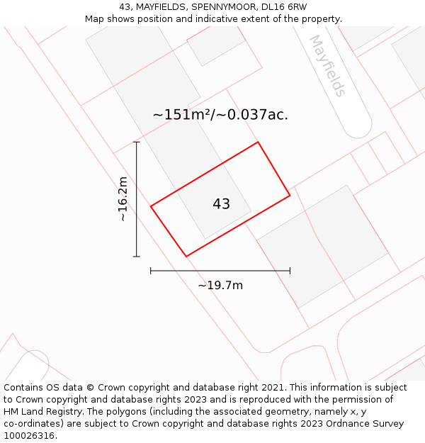 43, MAYFIELDS, SPENNYMOOR, DL16 6RW: Plot and title map