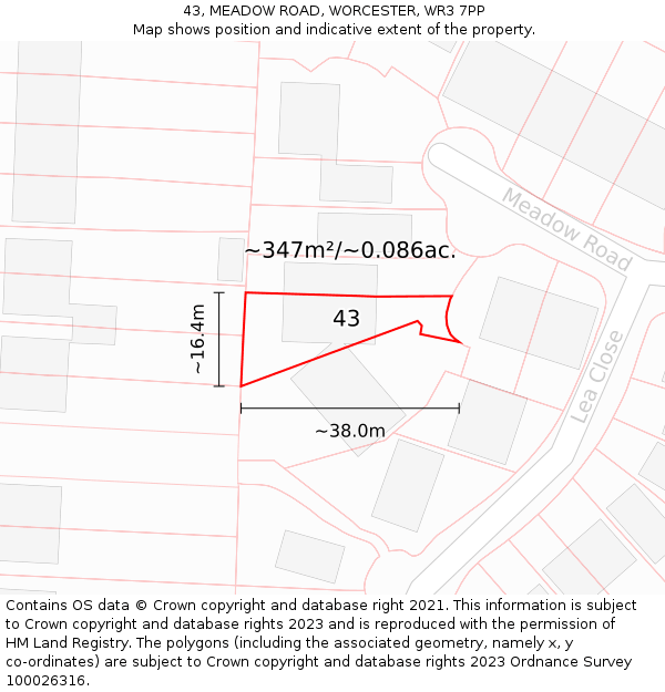 43, MEADOW ROAD, WORCESTER, WR3 7PP: Plot and title map