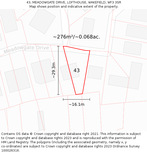 43, MEADOWGATE DRIVE, LOFTHOUSE, WAKEFIELD, WF3 3SR: Plot and title map