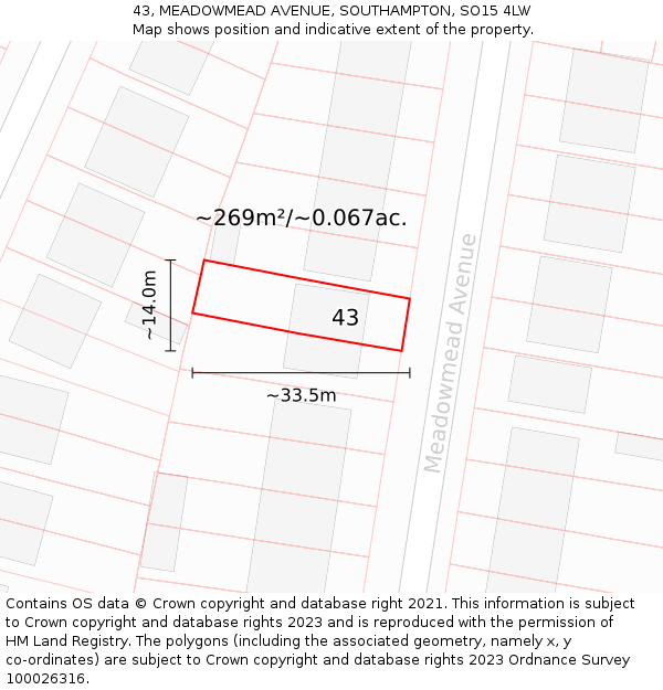 43, MEADOWMEAD AVENUE, SOUTHAMPTON, SO15 4LW: Plot and title map