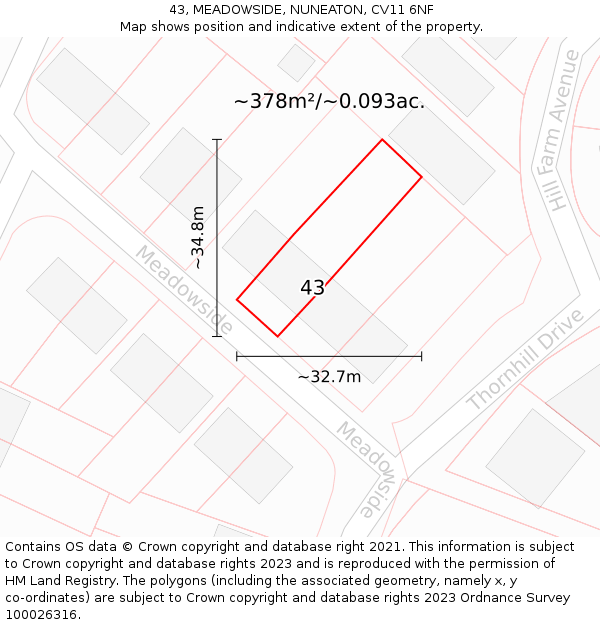 43, MEADOWSIDE, NUNEATON, CV11 6NF: Plot and title map