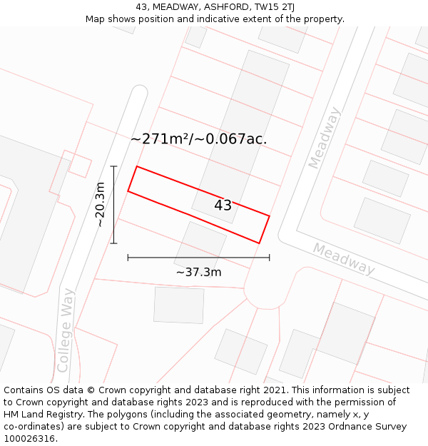 43, MEADWAY, ASHFORD, TW15 2TJ: Plot and title map