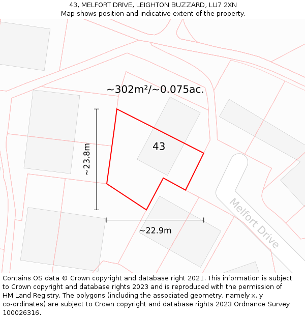 43, MELFORT DRIVE, LEIGHTON BUZZARD, LU7 2XN: Plot and title map