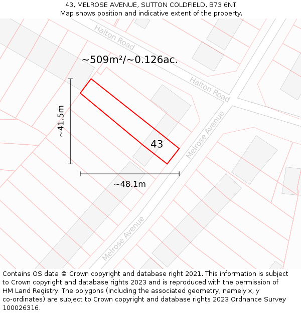 43, MELROSE AVENUE, SUTTON COLDFIELD, B73 6NT: Plot and title map