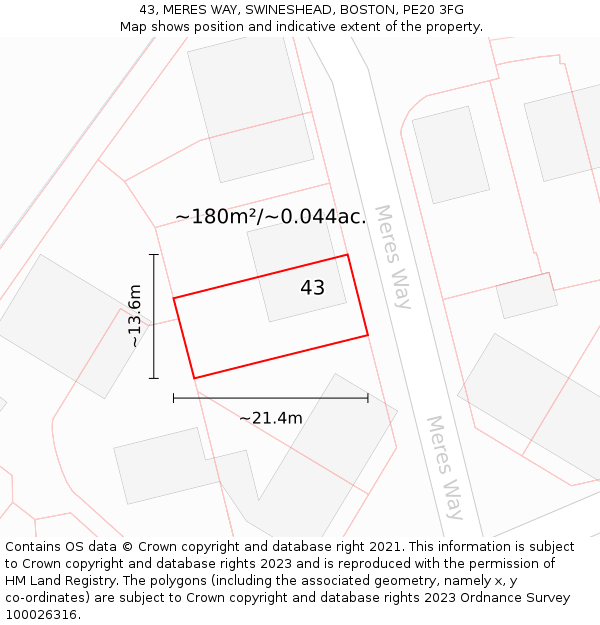 43, MERES WAY, SWINESHEAD, BOSTON, PE20 3FG: Plot and title map