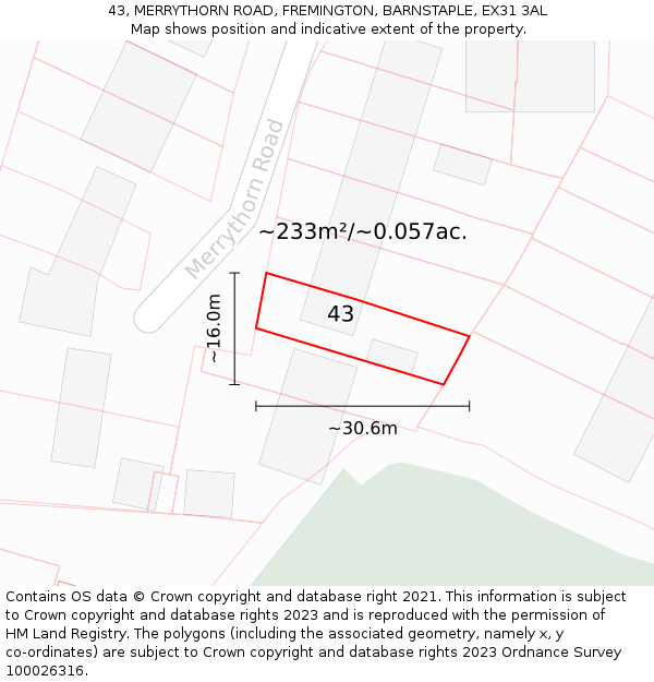 43, MERRYTHORN ROAD, FREMINGTON, BARNSTAPLE, EX31 3AL: Plot and title map
